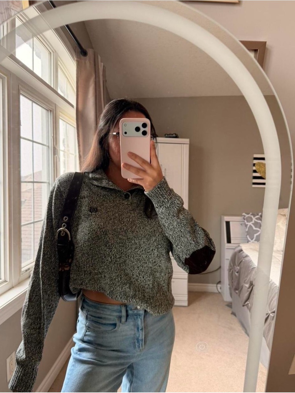Chaps Gray Cowl Neck Sweater with Elbow Patches